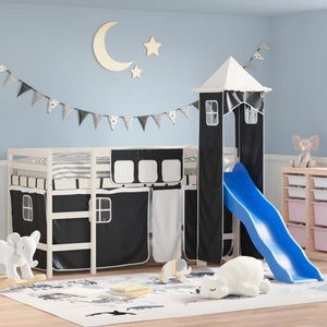 vidaXL, vidaXL Kinderhochbett mit Turm Weiß & Schwarz 90x200 cm Kiefernholz