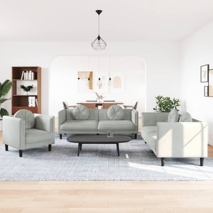 vidaXL, vidaXL 3-tlg. Sofagarnitur mit Kissen Hellgrau Samt, vidaXL 3-tlg. Sofagarnitur mit Kissen Hellgrau Samt