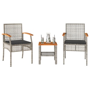 vidaXL, vidaXL 3-tlg. Bistro-Set mit Kissen Grau Poly Rattan Akazienholz, vidaXL 3-tlg. Bistro-Set mit Kissen Grau Poly Rattan Akazienholz