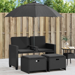 vidaXL, vidaXL Gartensofa 2-Sitzer Sonnenschirm und Hocker Schwarz Poly-Rattan