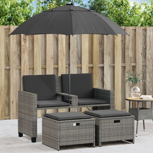 vidaXL, vidaXL Gartensofa 2-Sitzer Sonnenschirm und Hocker Grau Poly Rattan