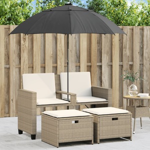 vidaXL, vidaXL Gartensofa 2-Sitzer Sonnenschirm und Hocker Beige Poly-Rattan