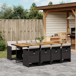 vidaXL, vidaXL 9-tlg. Garten-Essgruppe mit Kissen Schwarz Poly Rattan