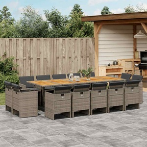 vidaXL, vidaXL 15-tlg. Garten-Essgruppe mit Kissen Grau Poly Rattan