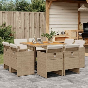 vidaXL, vidaXL 9-tlg. Garten-Essgruppe mit Kissen Beige Poly Rattan