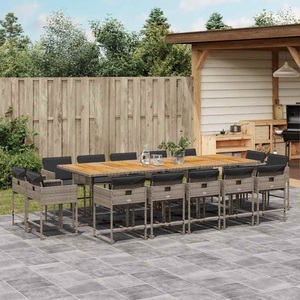 vidaXL, vidaXL 15-tlg. Garten-Essgruppe mit Kissen Grau Poly Rattan