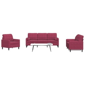 vidaXL, vidaXL 3-tlg. Sofagarnitur mit Kissen und Nackenrollen Weinrot Samt, vidaXL 3-tlg. Sofagarnitur mit Kissen und Nackenrollen Weinrot Samt