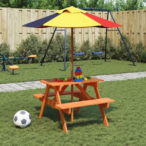 vidaXL, vidaXL Picknicktisch für 4 Kinder mit Sonnenschirm Massivholz Tanne