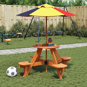 vidaXL, vidaXL Picknicktisch für 4 Kinder mit Sonnenschirm Rund Tannenholz
