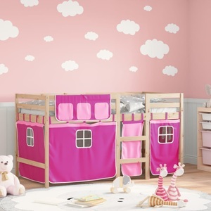 vidaXL, vidaXL Kinderhochbett mit Vorhängen Rosa 80x200 cm Massivholz Kiefer, vidaXL Kinderhochbett mit Vorhängen Rosa 80x200 cm Massivholz Kiefer