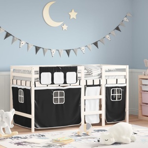 vidaXL, vidaXL Kinderhochbett mit Vorhängen Weiß und Schwarz Massivholz Kiefer, vidaXL Kinderhochbett mit Vorhängen Weiß und Schwarz Massivholz Kiefer