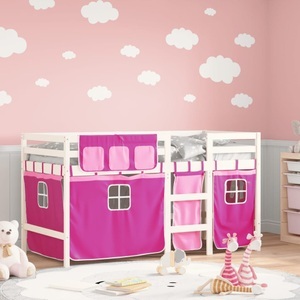 vidaXL, vidaXL Kinderhochbett mit Vorhängen Rosa 90x200 cm Massivholz Kiefer, vidaXL Kinderhochbett mit Vorhängen Rosa 90x200 cm Massivholz Kiefer