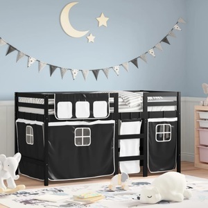 vidaXL, vidaXL Kinderhochbett mit Vorhängen Weiß Schwarz 90x200 cm Kiefernholz, vidaXL Kinderhochbett mit Vorhängen Weiß Schwarz 90x200 cm Kiefernholz