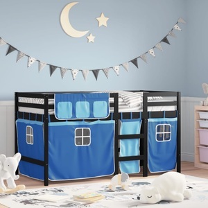 vidaXL, vidaXL Kinderhochbett mit Vorhängen Blau 90x200 cm Massivholz Kiefer, vidaXL Kinderhochbett mit Vorhängen Blau 90x200 cm Massivholz Kiefer