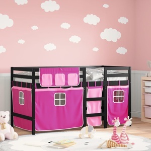vidaXL, vidaXL Kinderhochbett mit Vorhängen Rosa 90x200 cm Massivholz Kiefer, vidaXL Kinderhochbett mit Vorhängen Rosa 90x200 cm Massivholz Kiefer