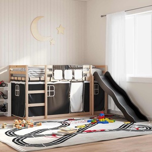 vidaXL, vidaXL Etagenbett mit Rutsche und Gardinen Weiß und Schwarz 90x200 cm