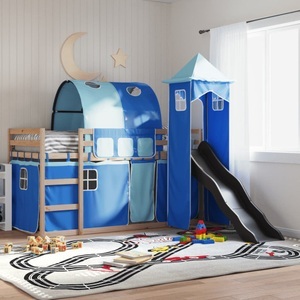 vidaXL, vidaXL Etagenbett mit Rutsche und Gardinen Blau 90x200 cm, vidaXL Etagenbett mit Rutsche und Gardinen Blau 90x200 cm