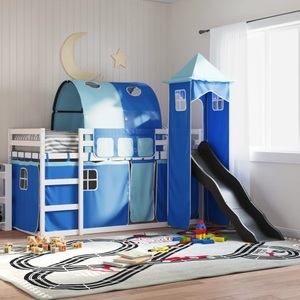 vidaXL, vidaXL Etagenbett mit Rutsche und Gardinen Blau 90x200 cm, vidaXL Etagenbett mit Rutsche und Gardinen Blau 90x200 cm