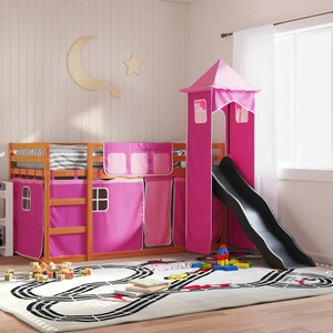 vidaXL, vidaXL Etagenbett mit Rutsche und Gardinen Rosa 90x190 cm