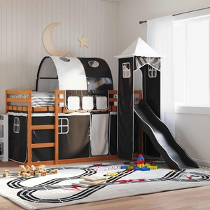 vidaXL, vidaXL Etagenbett mit Rutsche und Gardinen Weiß und Schwarz 90x200 cm