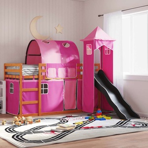 vidaXL, vidaXL Etagenbett mit Rutsche und Gardinen Rosa 90x200 cm