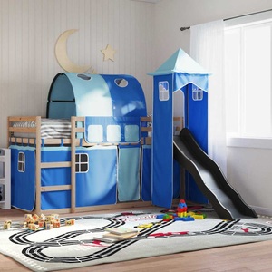 vidaXL, vidaXL Etagenbett mit Rutsche und Gardinen Blau 80x200 cm