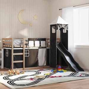 vidaXL, vidaXL Etagenbett mit Rutsche und Gardinen Weiß und Schwarz 90x200 cm