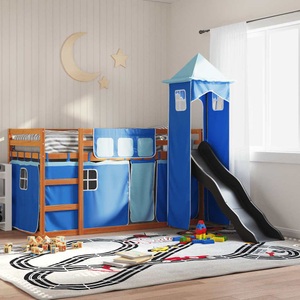 vidaXL, vidaXL Etagenbett mit Rutsche und Gardinen Blau 80x200 cm