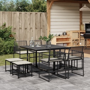 vidaXL, vidaXL 9-tlg. Garten-Essgruppe mit Kissen Schwarz Poly Rattan