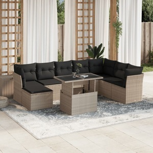 vidaXL, vidaXL 9-tlg. Garten-Sofagarnitur mit Kissen Hellgrau Poly Rattan, vidaXL 9-tlg. Garten-Sofagarnitur mit Kissen Hellgrau Poly Rattan