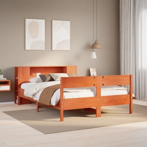vidaXL, vidaXL Massivholzbett mit Regal ohne Matratze Wachsbraun 135x190 cm