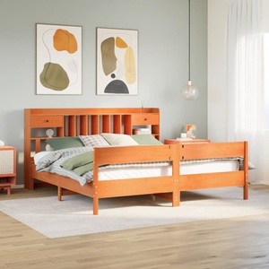 vidaXL, vidaXL Massivholzbett mit Regal ohne Matratze Wachsbraun 200x200 cm