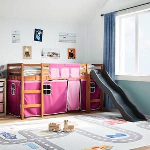 vidaXL, vidaXL Kinderhochbett mit Vorhängen Rosa 80x200 cm Massivholz Kiefer