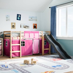 vidaXL, vidaXL Kinderhochbett mit Vorhängen Rosa 90x200 cm Massivholz Kiefer