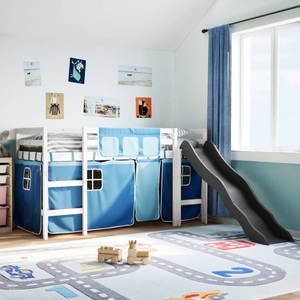 vidaXL, vidaXL Kinderhochbett mit Vorhängen Blau 90x200 cm Massivholz Kiefer