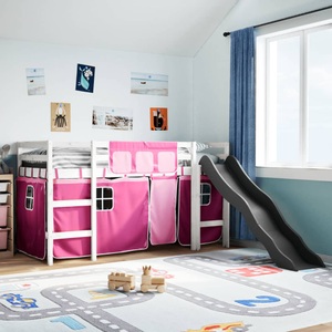 vidaXL, vidaXL Kinderhochbett mit Vorhängen Rosa 90x200 cm Massivholz Kiefer