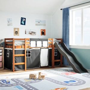 vidaXL, vidaXL Kinderhochbett mit Vorhängen Weiß Schwarz 90x200 cm Kiefernholz