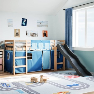 vidaXL, vidaXL Kinderhochbett mit Vorhängen Blau 90x190 cm Massivholz Kiefer