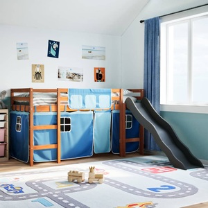 vidaXL, vidaXL Kinderhochbett mit Vorhängen Blau 90x190 cm Massivholz Kiefer
