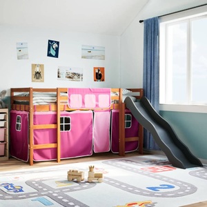 vidaXL, vidaXL Kinderhochbett mit Vorhängen Rosa 90x190 cm Massivholz Kiefer