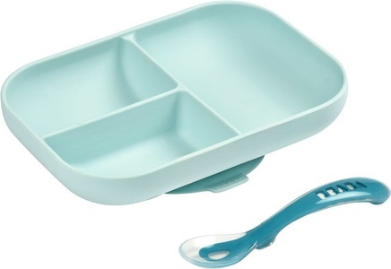 Beaba, BEABA Geteilter Silikonteller + Löffel 2. Altersstufe blau, BEABA Geteilter Silikonteller + Löffel 2. Altersstufe