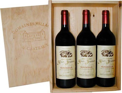 Château Haut-Bourbon, Ch. Haut-Bourbon 3x75cl Holzkiste, Château Haut-Bourbon AC Holzkiste mit 3 Flaschen Rotwein