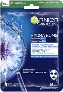 Garnier, Garnier Hydra Bomb Tuchmaske Nacht für müde und empfindliche Haut, intensiv regenerierende und feuchtigkeitsspendende Maske, 32g, 