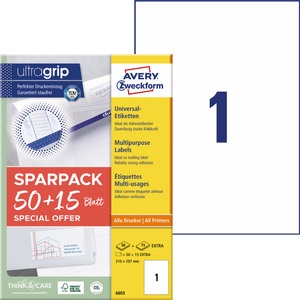 Avery Zweckform, Avery-Zweckform 6603 210 x 297 mm Papier Weiß 65 St. Permanent Universal-Etiketten Laser 65 Blatt DIN A4, Avery-Zweckform 6603 Universal-Etiketten 210 x 297 mm Papier Weiß 65 St. Permanent haftend Farblaserdrucker,