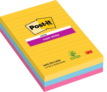 POST-IT, Post-it® Haftnotizen Super sticky, Rio de Janeiro Collection, 101 x 152 mm liniert, 90 Blatt, 3 Blöcke, 3M Post-it SuperSticky Rio, 152mm x 101mm, 3-farbig, liniert, 4690-SS3RIO, (3 x 90 Blatt)