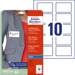 Avery Zweckform, AVERY ZWECKFORM Namensetiketten IJ 80x50mm J478520 weiss 20 Blatt/200, Avery Zweckform Namensetiketten IJ, 80mm x 50mm, weiss, J4785-20, (20 Blatt)