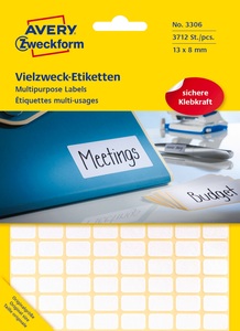 undefined, Avery Mini-Organisations-Etiketten, weiß, 13 x 8 mm, permanent, AVERY Zweckform Mini-Etiketten 3306 Weiss 13 x 8 mm 29 Blatt à 128 Etiketten