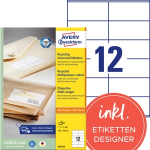 undefined, Avery LR3424 selbstklebende Etikette, Avery® Zweckform Etiketten LR3424, A4, universell, permanenthaftend, druckergeeignet, Recycling-Papier, rechteckig, naturweiss, 1200 Stück auf 100 Bogen