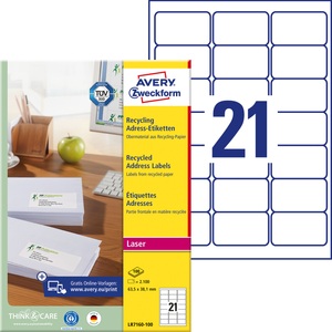 Avery Zweckform, AVERY ZWECKFORM Adressetiketten 63,5x38,1mm LR7160100 recycling 2100 S, AVERY ZWECKFORM Adressetiketten 63,5x38,1mm LR7160100 recycling 2100 Stück