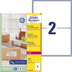 Avery Zweckform, AVERY ZWECKFORM Adressetiketten 199,6x143,5mm LR7168100 recycling 200, Avery® Zweckform Versand-Etiketten LR7168, permanenthaftend, druckergeeignet, Recycling-Papier, rechteckig, naturweiss, 200 Stück auf 100 Blatt